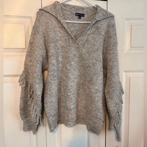 Long Blouson Sleeve Johnny Collar Cascading Fringe Sweater